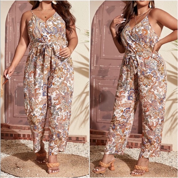 Pants - Boho Plus Size Paisley Floral Print Belted Cami Jumper Jumpsuit